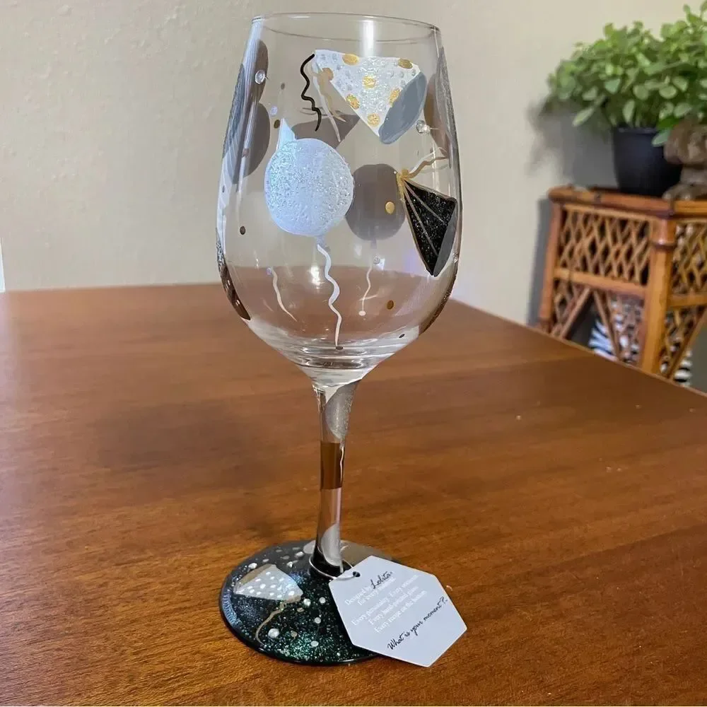 NIB Lolita “Celebration” Hand Painted Wine Glass Silver Black Gold